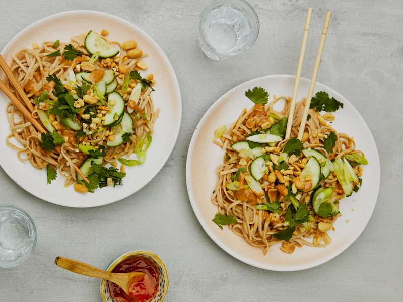 Peanut butter brown rice noodles with cucumber and ­­spring onions recipe Recipe Whisk