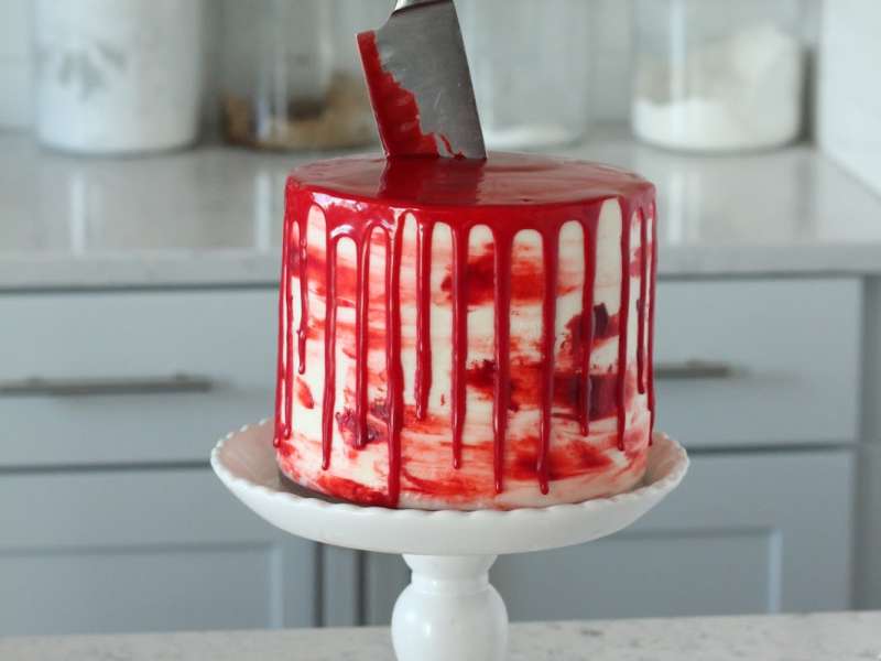 Halloween Bloody Knife Cake (Red Velvet Cake with Almond Cream Cheese Buttercream) Baking with Blondie Recipe - Whisk